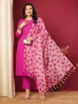 Women’s Rayon Blend Straight Kurta with Pant & Floral Printed Dupatta
