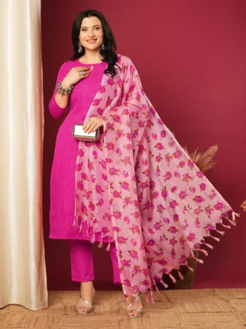 Women’s Rayon Blend Straight Kurta with Pant & Floral Printed Dupatta
