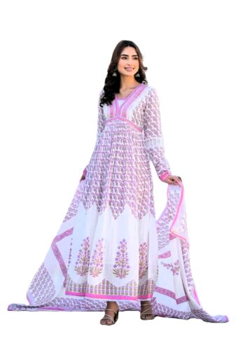 Women Printed Kurta and Pant Set with Dupatta Lavender and White