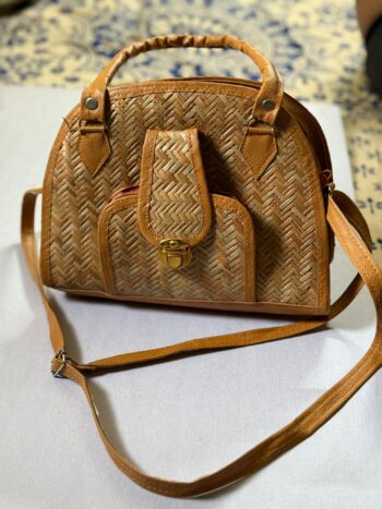 Handcrafted Cane & Faux Leather Sling Bag